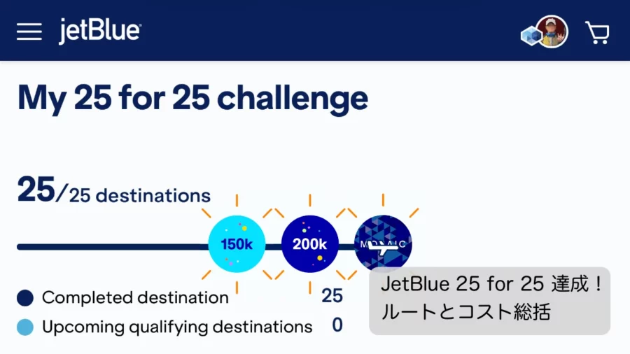JetBlue 25 for 25 達成！ルートとコスト総括