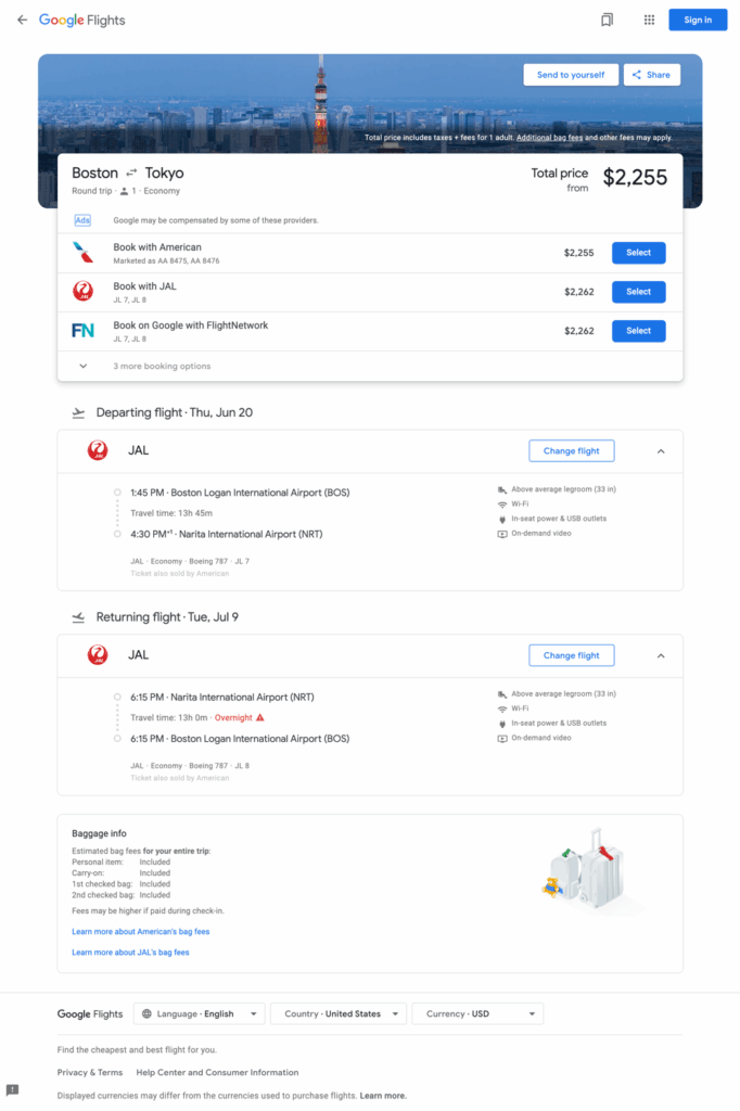 Google Flight BOS-NRT $2,255
