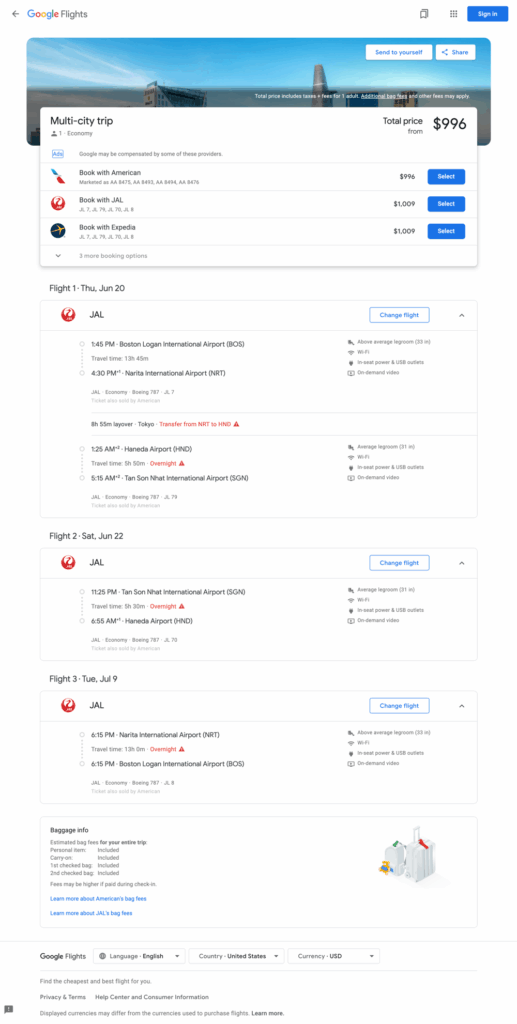 Google Flight BOS-SGN-TYO-BOS $996