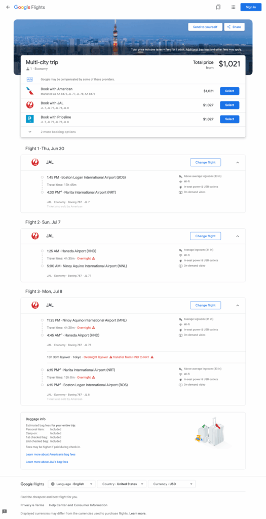 Google Flight BOS-TYO-MNL-BOS $1,021